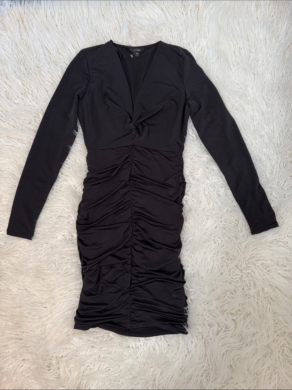 Long Sleeve Black Ruched Plunge V-Neck Dress